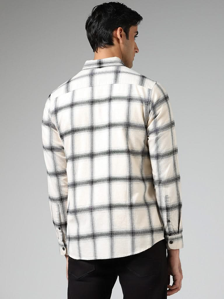 WES Casuals Off White Plaid Checked Cotton Relaxed-Fit Shirt