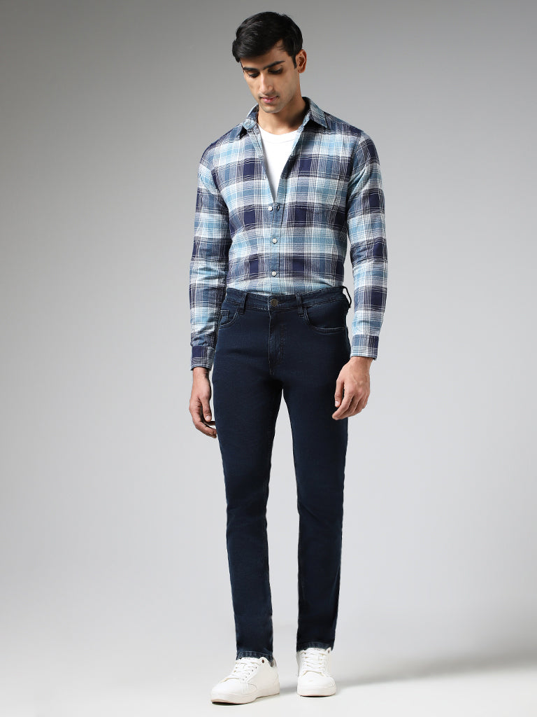 WES Casuals Blue Plaid Checked Cotton Slim-Fit Shirt