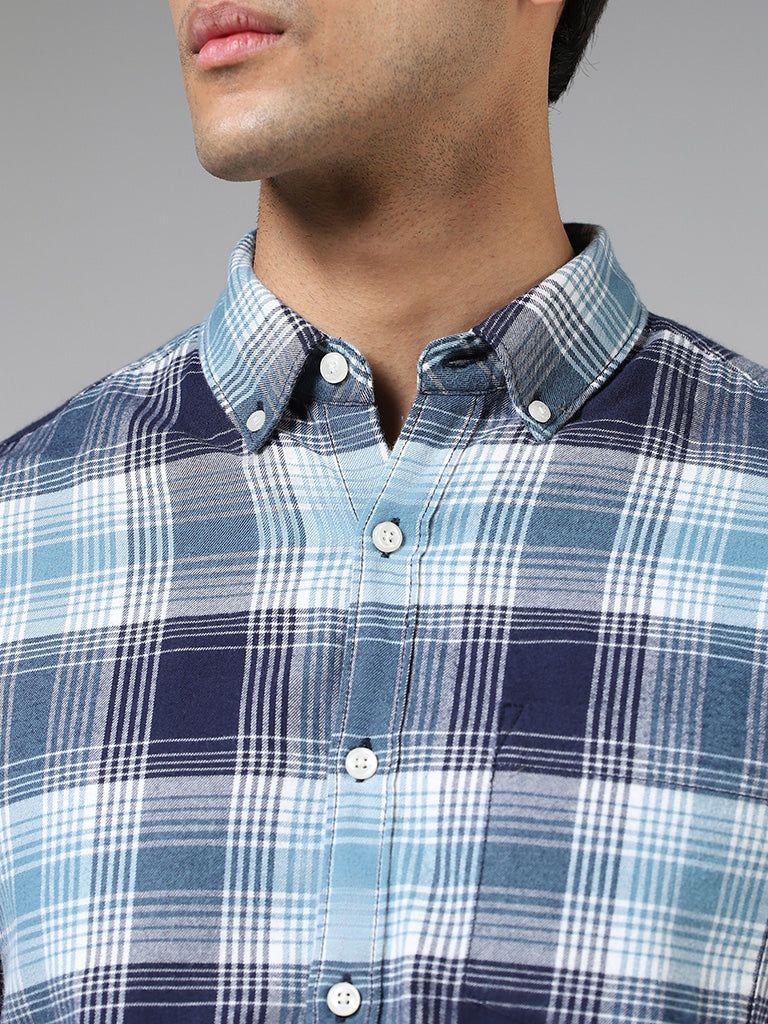 WES Casuals Blue Plaid Checked Cotton Slim-Fit Shirt