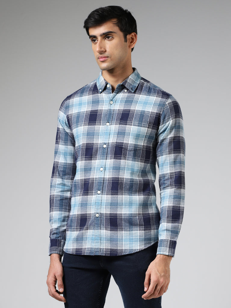 WES Casuals Blue Plaid Checked Cotton Slim-Fit Shirt