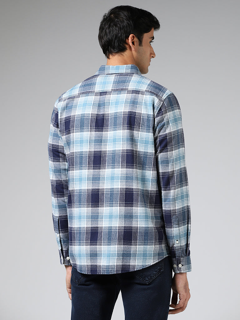 WES Casuals Blue Plaid Checked Cotton Slim-Fit Shirt