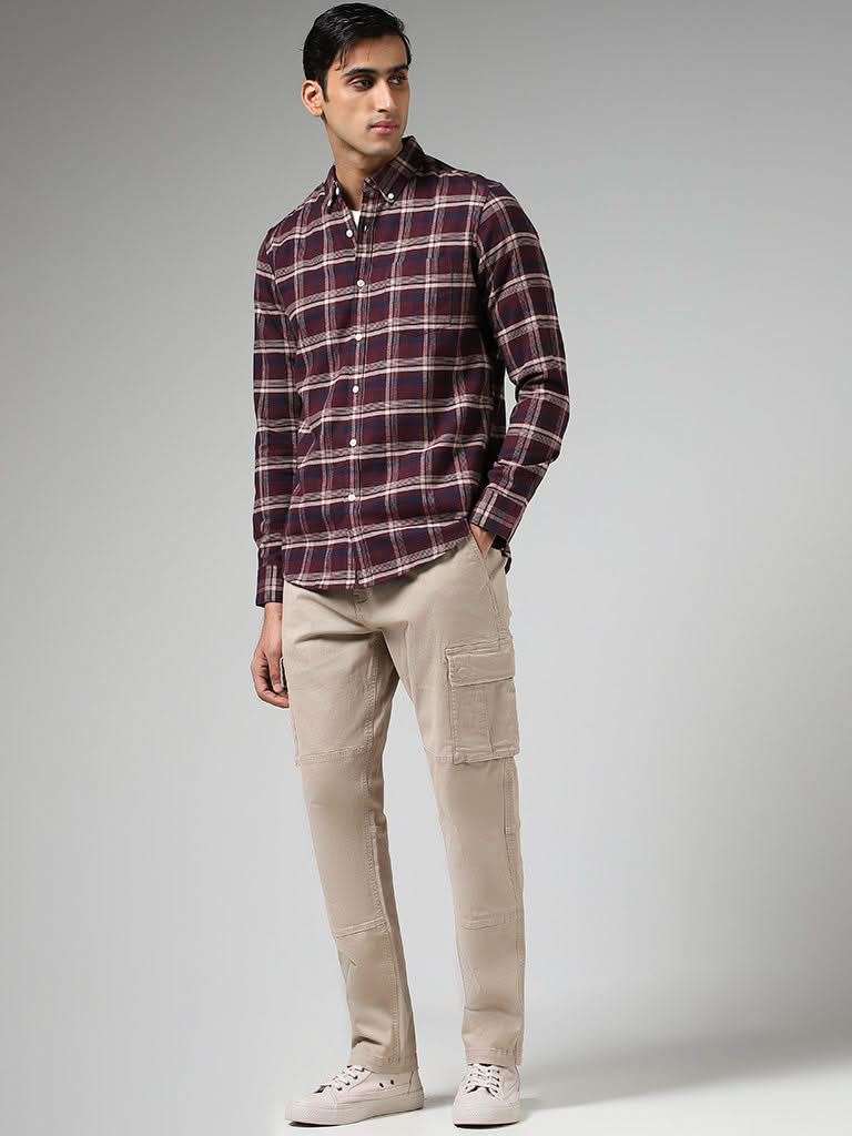 WES Casuals Wine Checked Cotton Relaxed-Fit Shirt