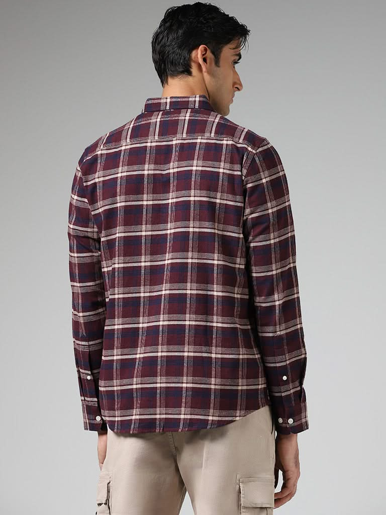 WES Casuals Wine Checked Cotton Relaxed-Fit Shirt