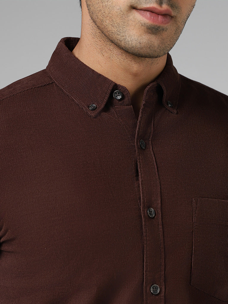 WES Casuals Brown Self Striped Cotton Slim-Fit Corduroy Shirt