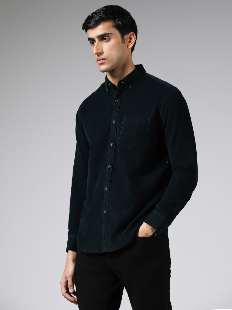 WES Casuals Emerald Green Slim-Fit Corduroy Shirt