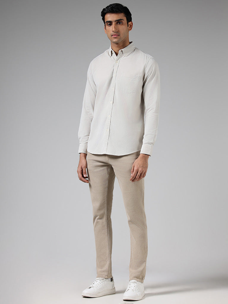 WES Casuals Solid Cream Cotton Slim-Fit Shirt