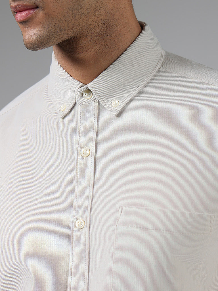 WES Casuals Solid Cream Cotton Slim-Fit Shirt