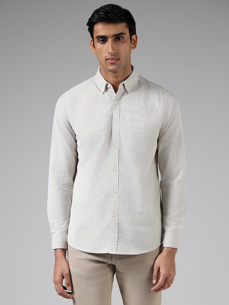 WES Casuals Solid Cream Cotton Slim-Fit Shirt