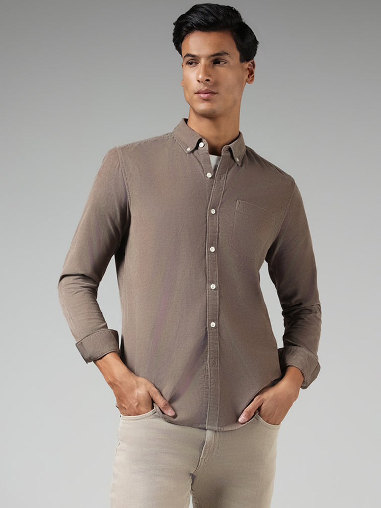 WES Casuals Solid Light Brown Corduroy Cotton Slim-Fit Shirt