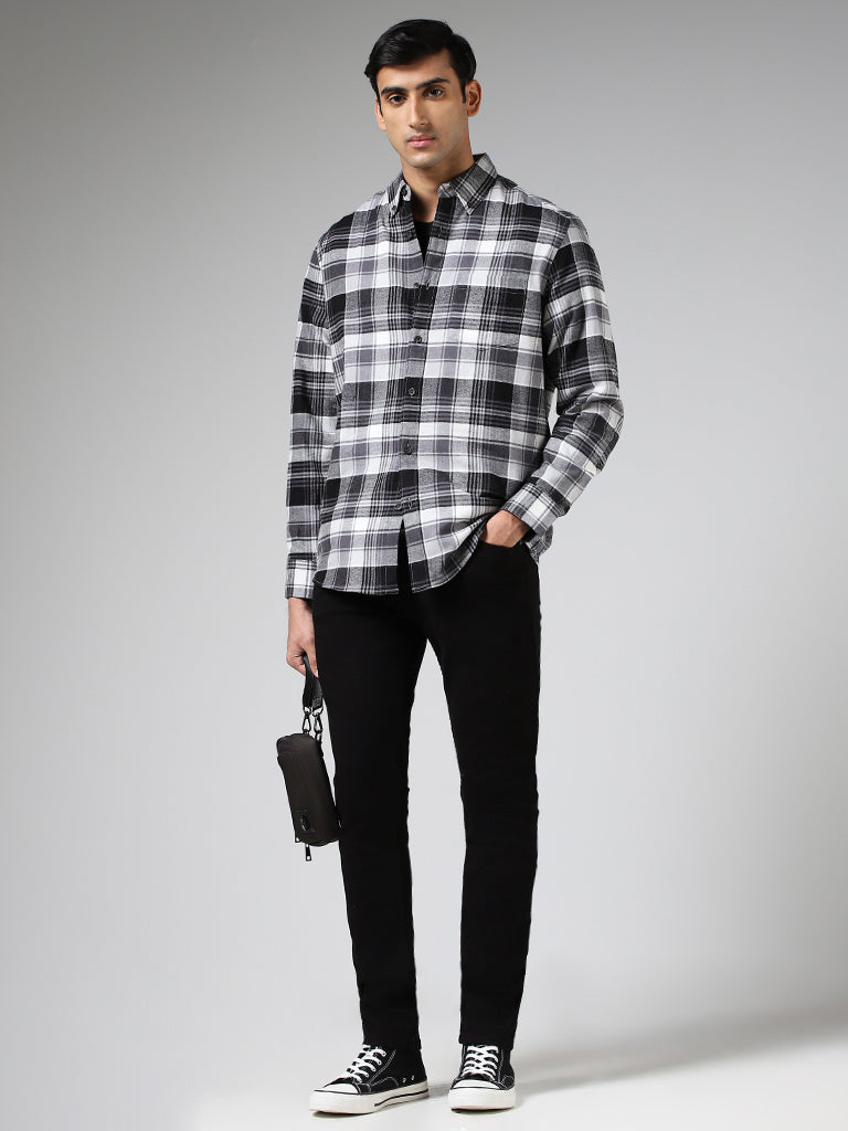 WES Casuals Black Plaid Checked Cotton Relaxed-Fit Shirt