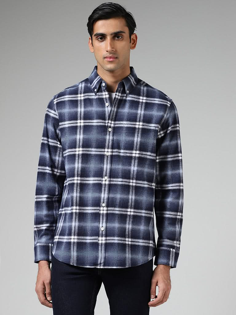 WES Casuals Blue Checked Cotton Relaxed-Fit Shirt