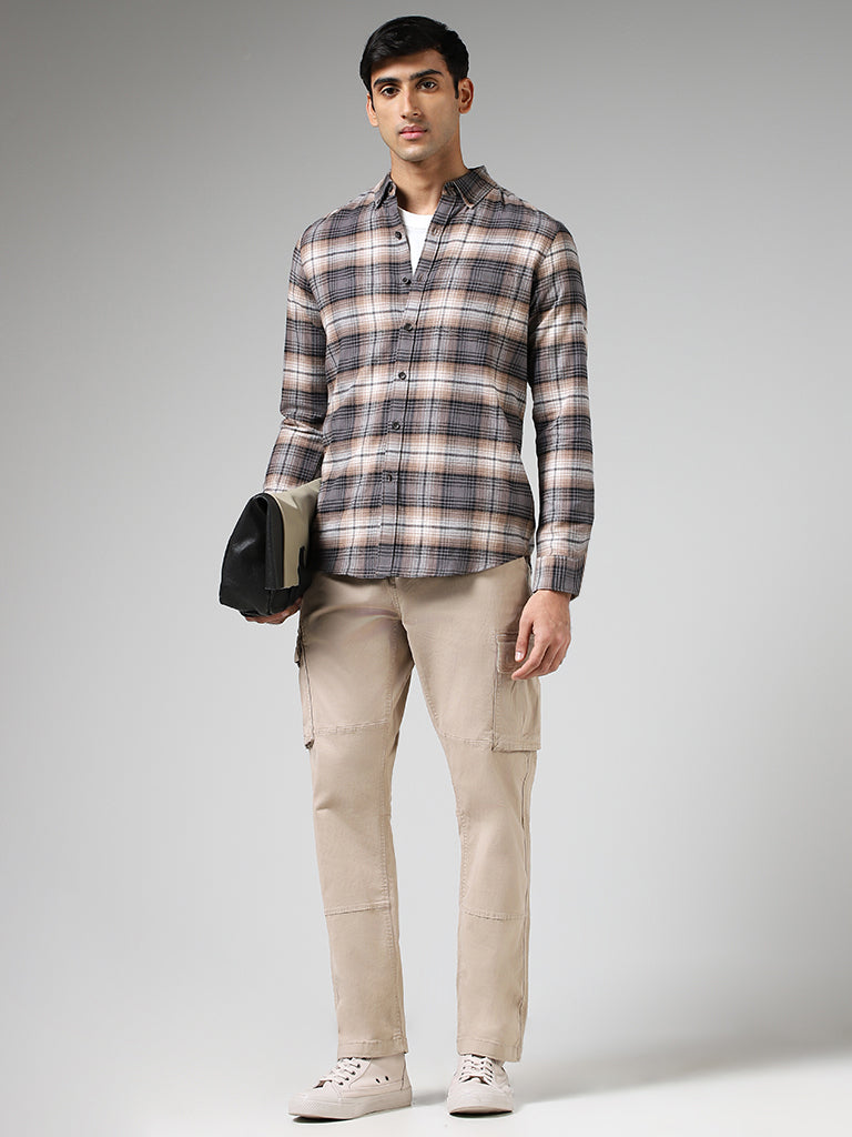 WES Casuals Taupe Plaid Checked Cotton Slim-Fit Shirt