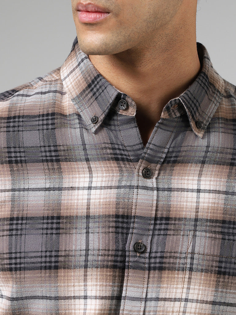 WES Casuals Taupe Plaid Checked Cotton Slim-Fit Shirt