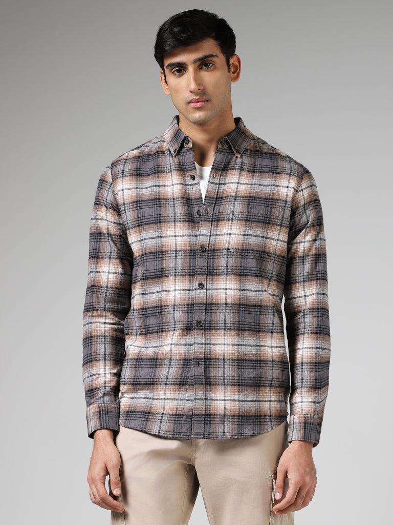 WES Casuals Taupe Plaid Checked Cotton Slim-Fit Shirt