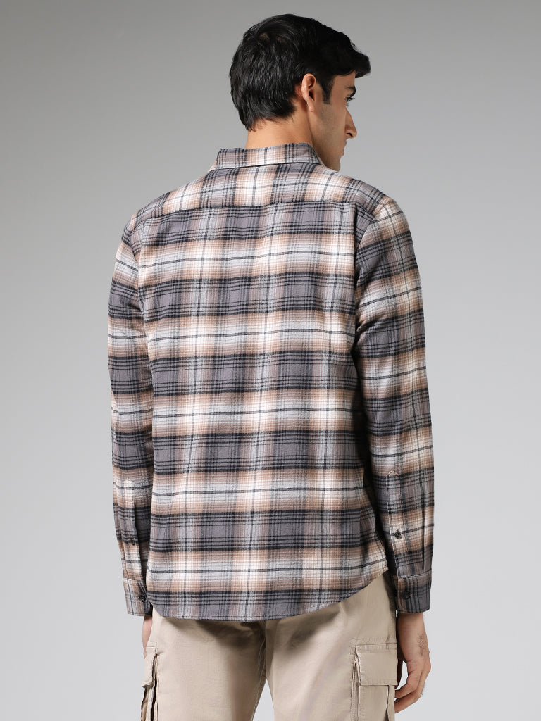 WES Casuals Taupe Plaid Checked Cotton Slim-Fit Shirt