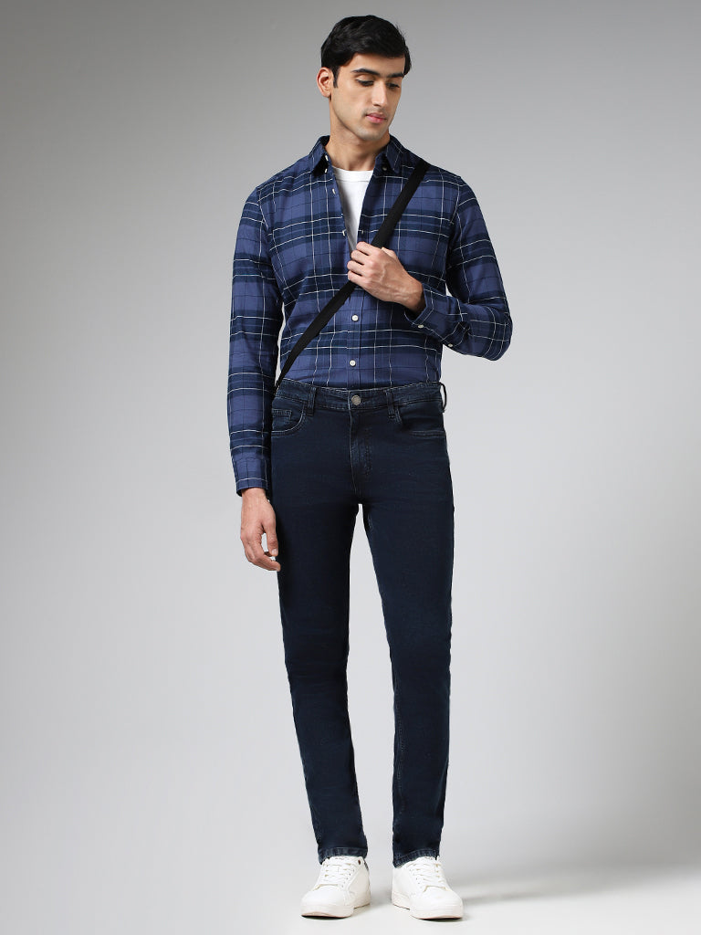 WES Casuals Blue Plaid Checked Cotton Slim-Fit Shirt