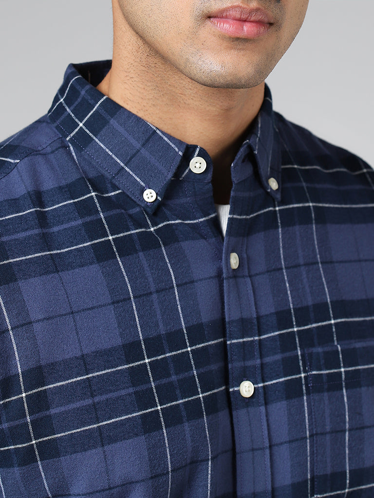 WES Casuals Blue Plaid Checked Cotton Slim-Fit Shirt