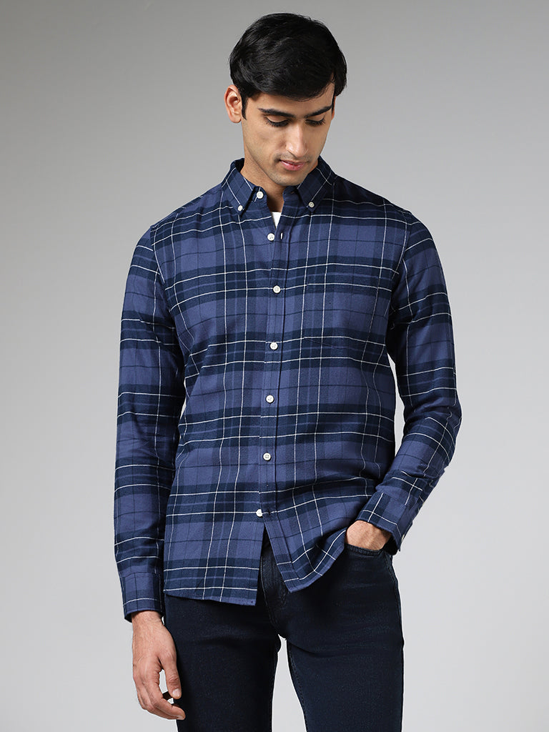 WES Casuals Blue Plaid Checked Cotton Slim-Fit Shirt