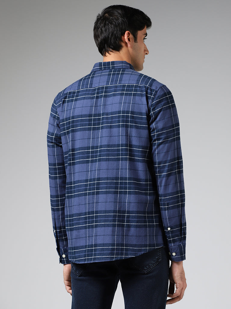 WES Casuals Blue Plaid Checked Cotton Slim-Fit Shirt