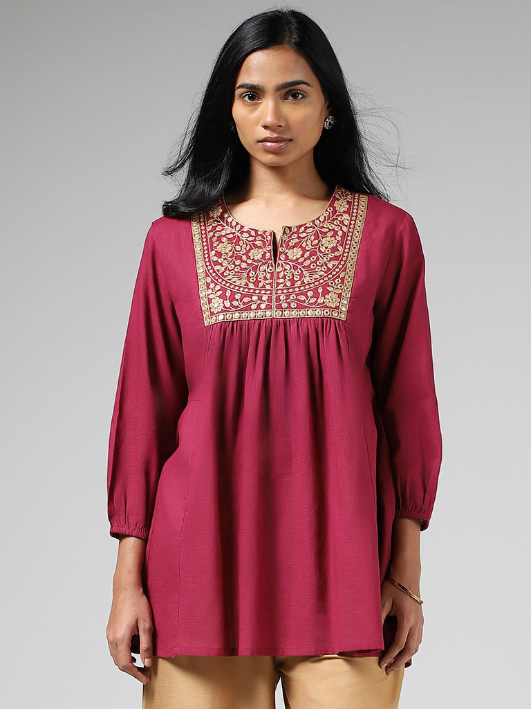 Utsa Magenta Floral Mirror Embroidered Cotton Gathered Kurti