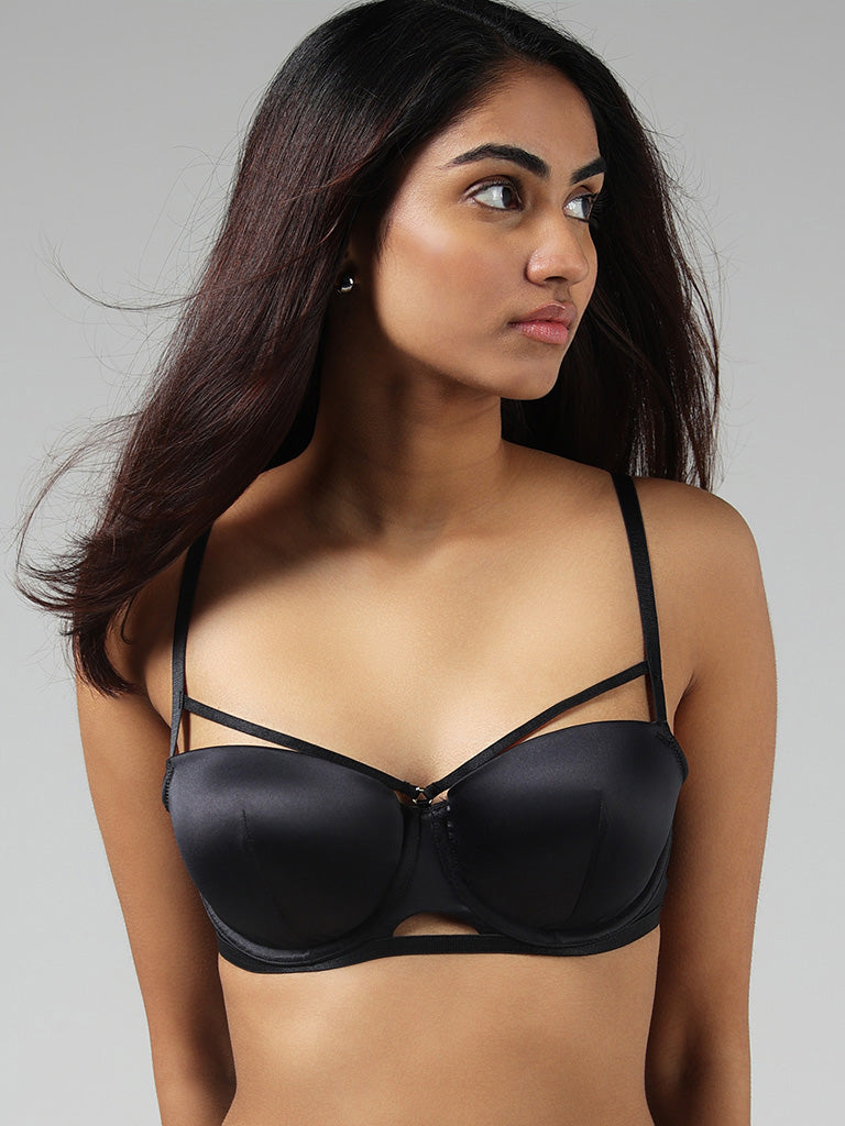 Wunderlove Solid Black Satin Strappy Bra