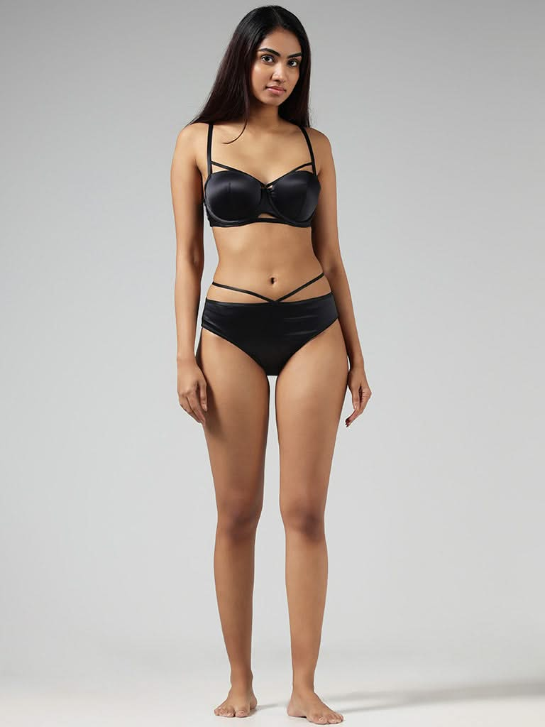 Wunderlove Solid Black Satin Strappy Brief