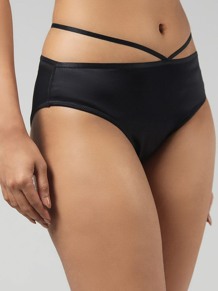 Wunderlove Solid Black Satin Strappy Brief