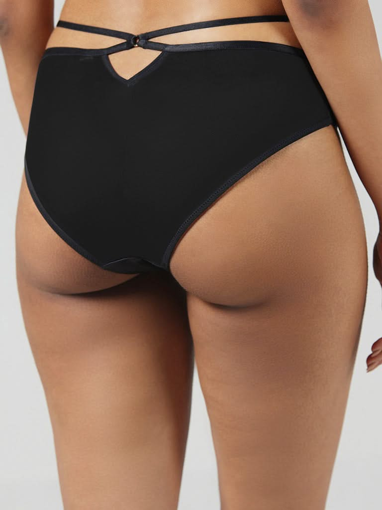 Wunderlove Solid Black Satin Strappy Brief