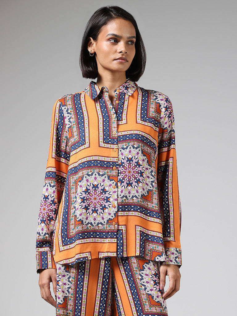 LOV Orange Multicolor Printed Shirt