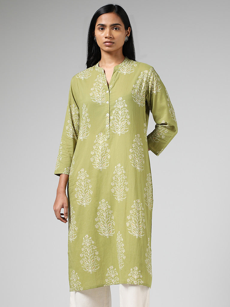 Utsa Lime Green Buta Printed Straight Kurta