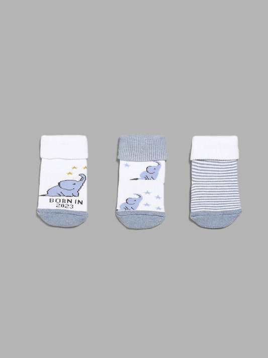 HOP Baby Striped Printed Adorned Blue Socks - Pack of 3