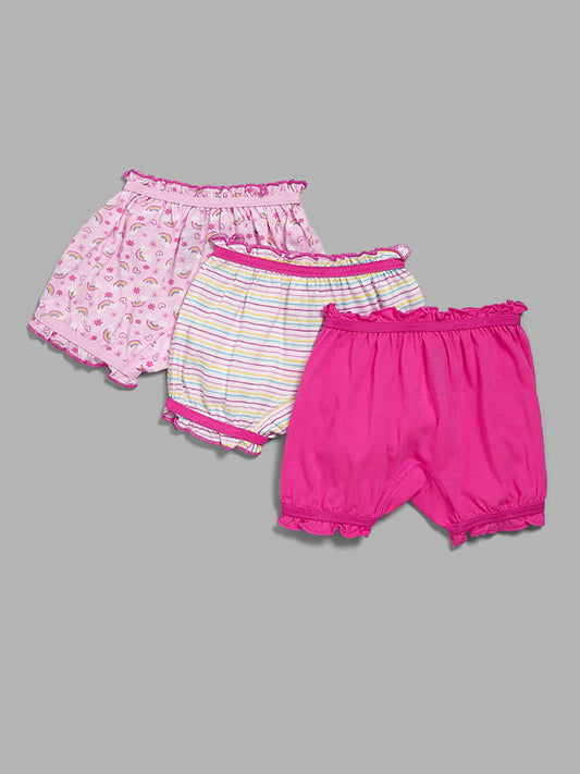 HOP Kids Pink Rainbow Printed Bloomers - Pack of 3