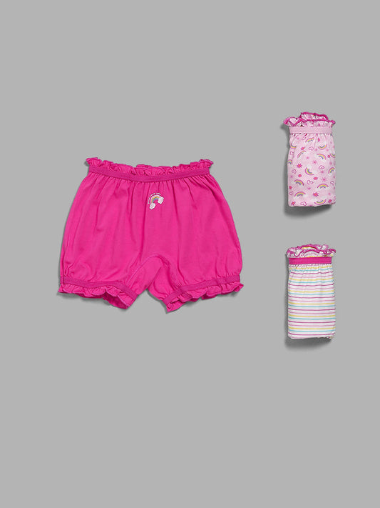 HOP Kids Pink Rainbow Printed Bloomers - Pack of 3