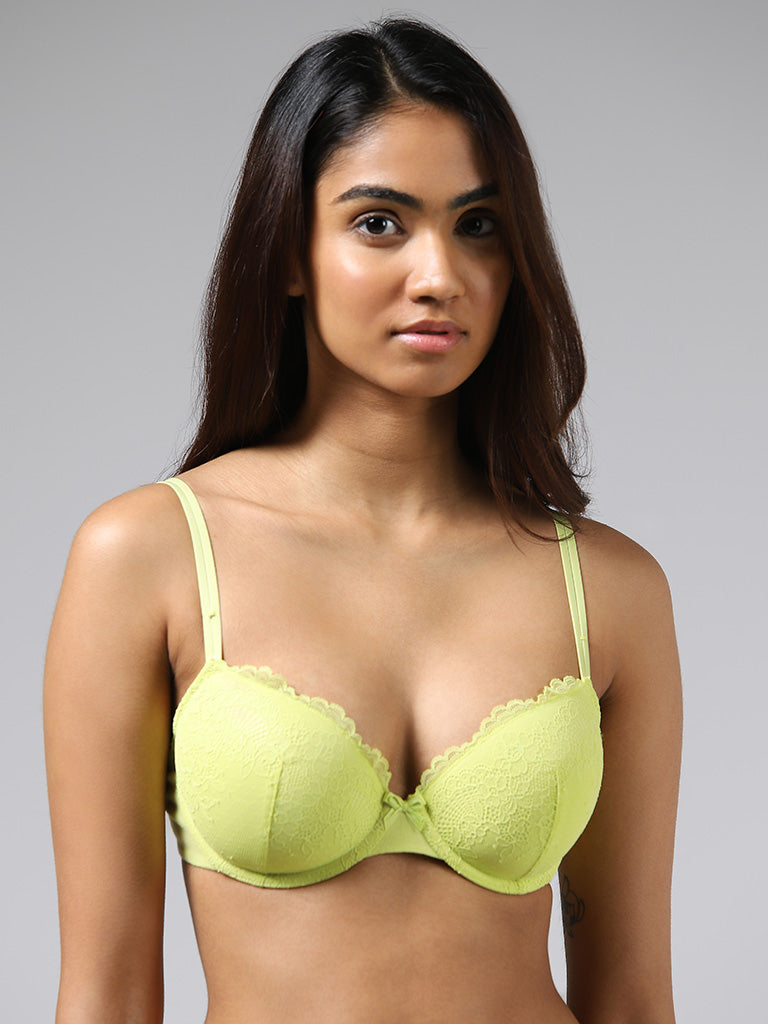 Wunderlove Light Yellow Lace-Trimmed Cotton Blend Padded Bra