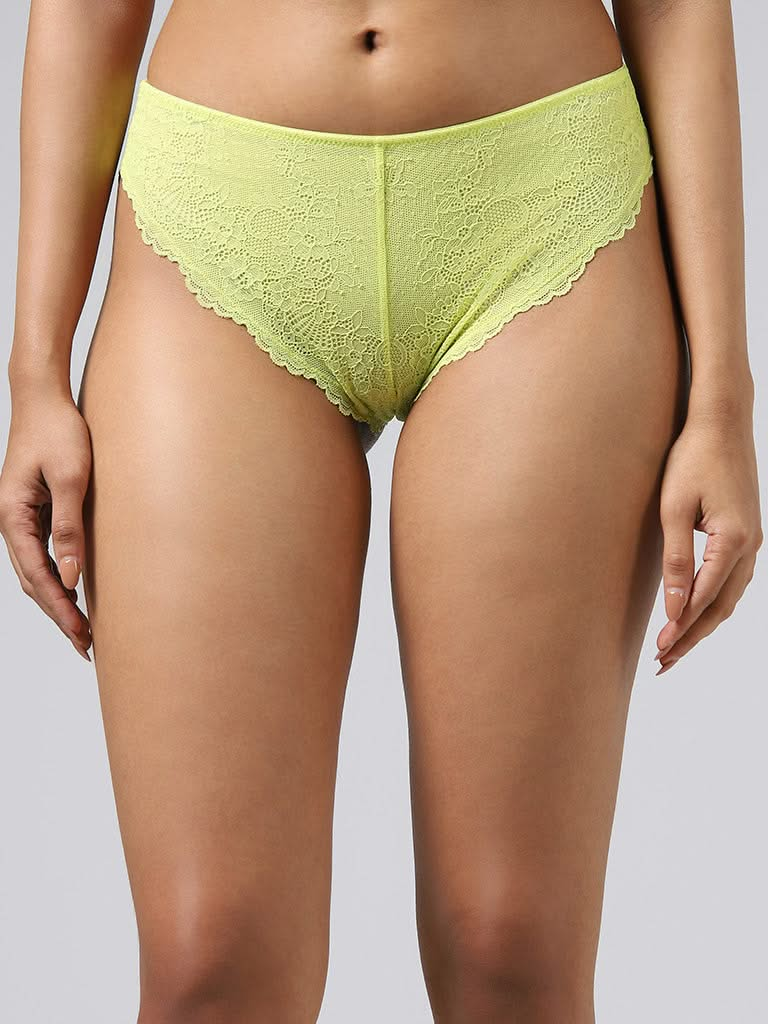 Wunderlove Light Yellow Cotton Blend Lace-Trimmed Brazilian Brief