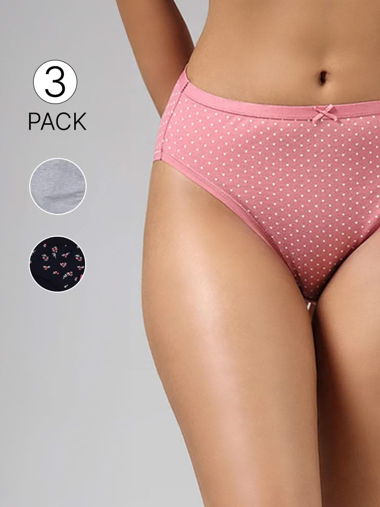 Wunderlove Pink Polka Dotted Cotton Blend High Leg Briefs - Pack of 3