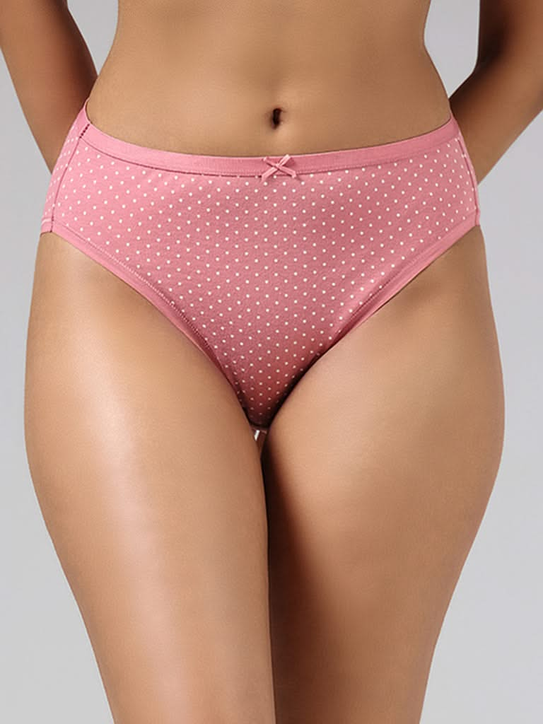 Wunderlove Pink Polka Dotted Cotton Blend High Leg Briefs - Pack of 3