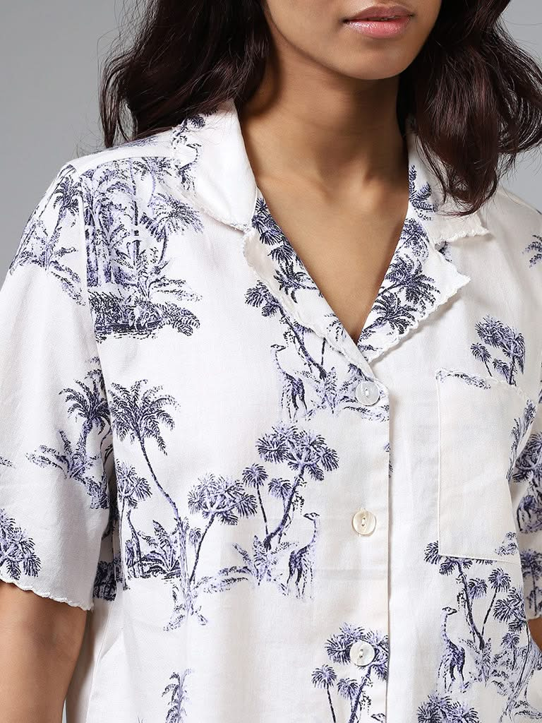 Wunderlove White & Indigo Tropical Print Shirt & Pyjama Set