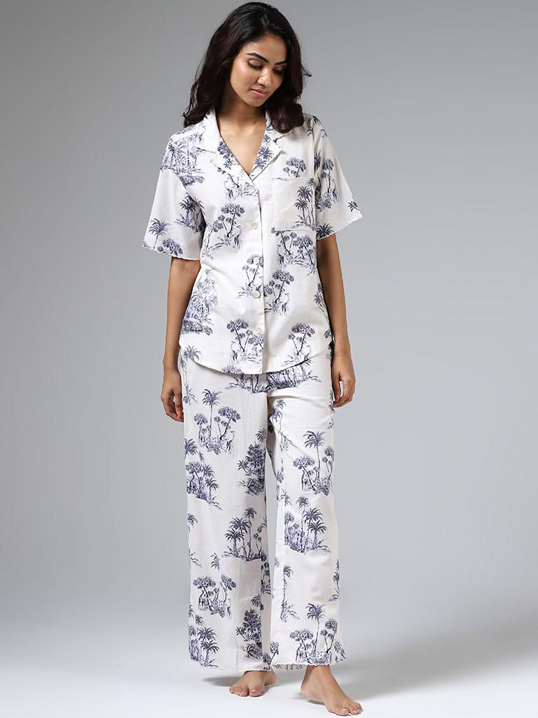 Wunderlove White & Indigo Tropical Print Shirt & Pyjama Set