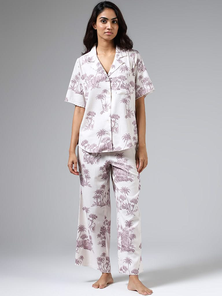 Wunderlove White & Taupe Printed Shirt & Pyjamas Set