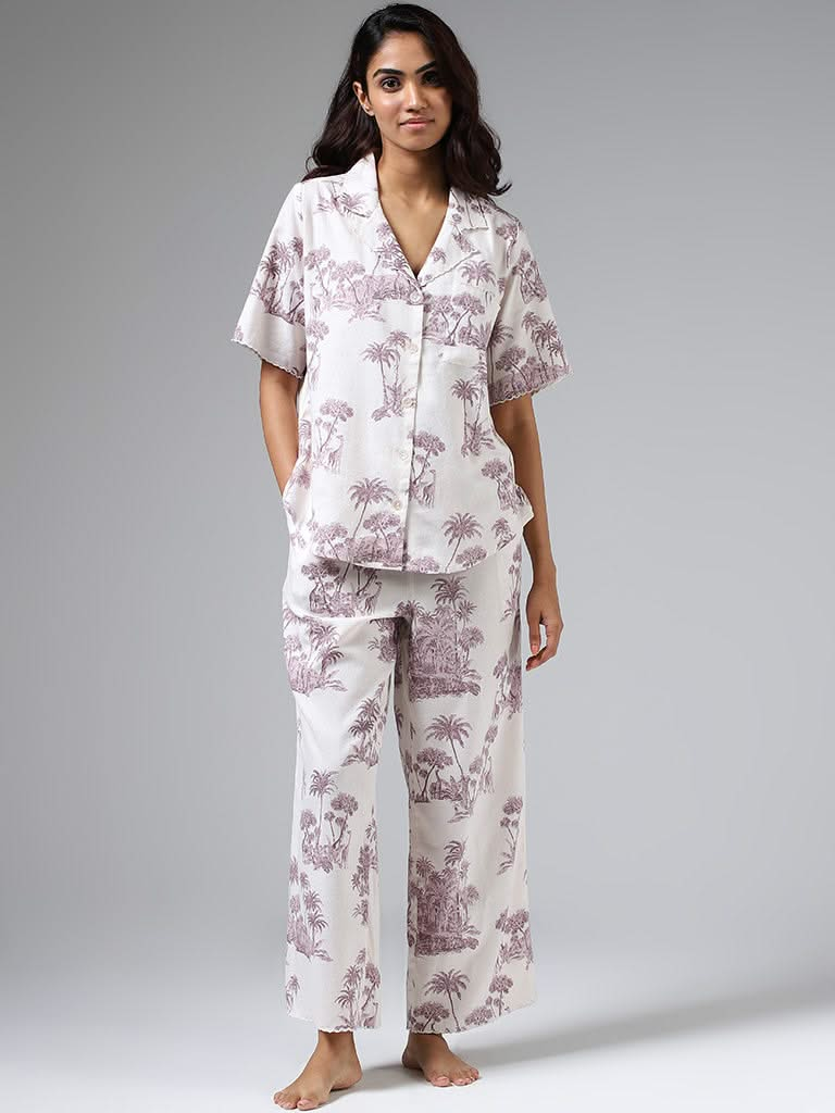 Wunderlove White & Taupe Printed Shirt & Pyjamas Set