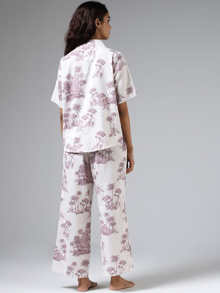 Wunderlove White & Taupe Printed Shirt & Pyjamas Set