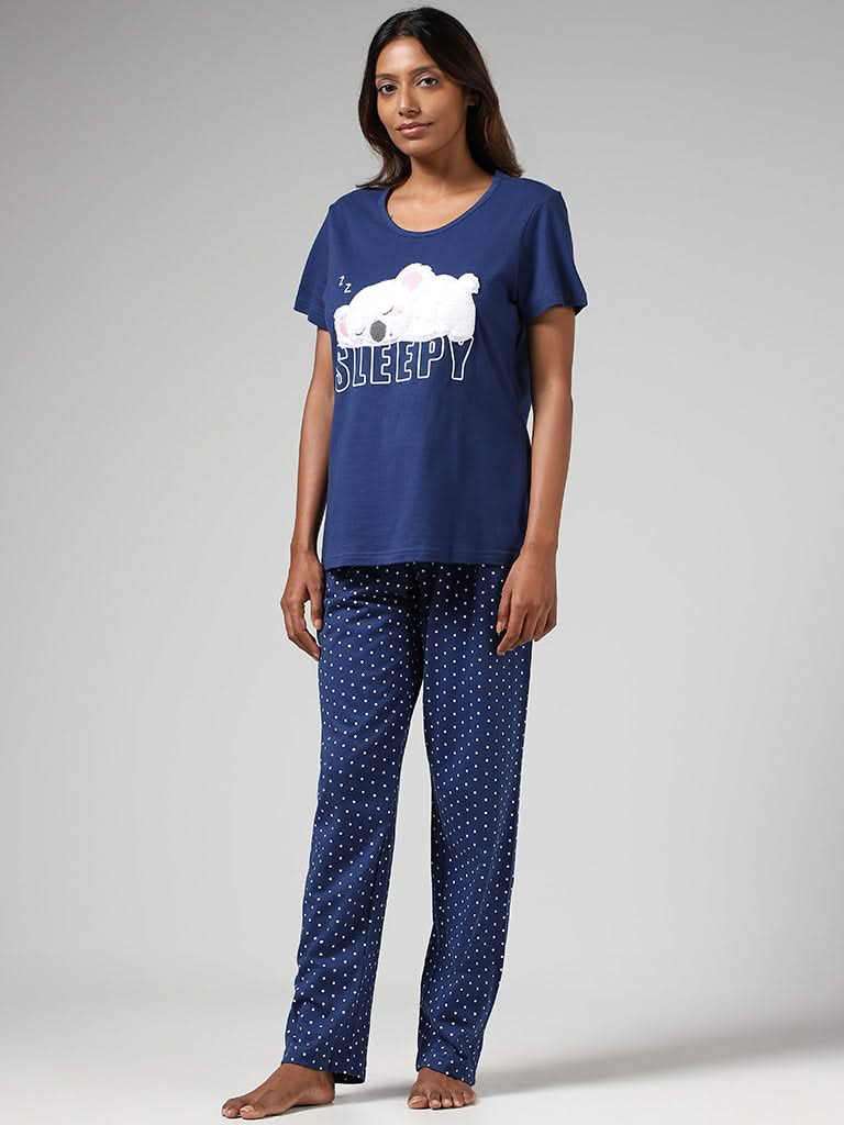 Wunderlove Navy Embroidered Pyjamas Set In A Bag