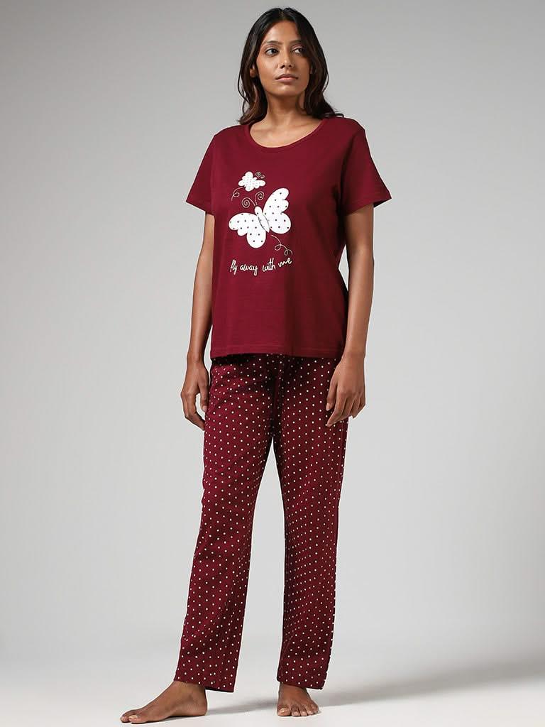 Wunderlove Wine Embroidered Pyjamas Set In A Bag