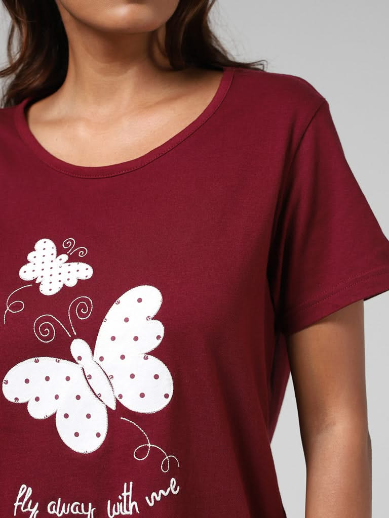 Wunderlove Wine Embroidered Pyjamas Set In A Bag