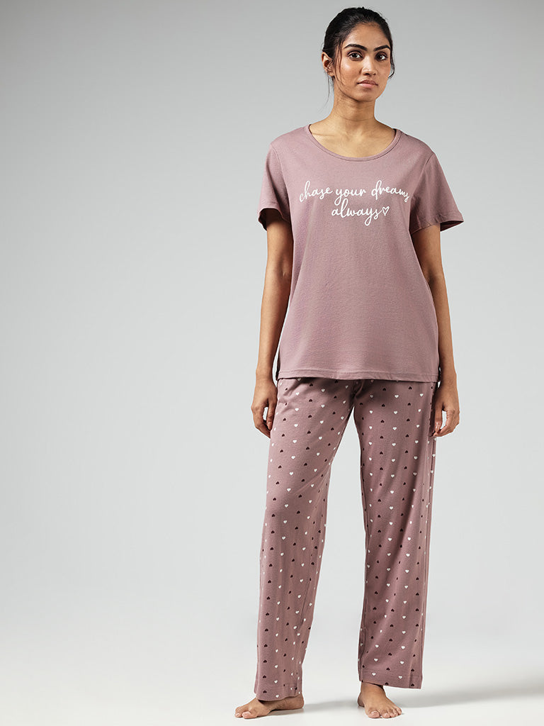 Wunderlove Light Brown Heart Printed Cotton Pyjamas