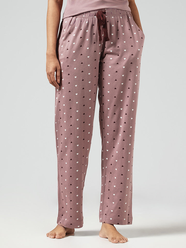 Wunderlove Light Brown Heart Printed Cotton Pyjamas