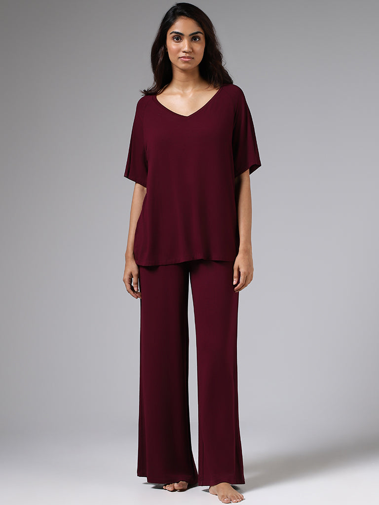 Wunderlove Solid Burgundy Supersoft Wide-Leg Supersoft Pyjamas