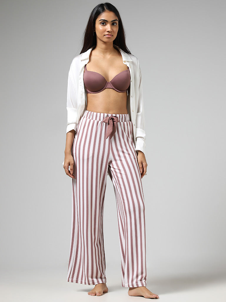 Wunderlove White & Dusty Rose Striped Supersoft Trousers