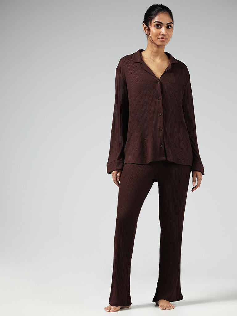 Wunderlove Dark Brown Ribbed Supersoft Pyjamas